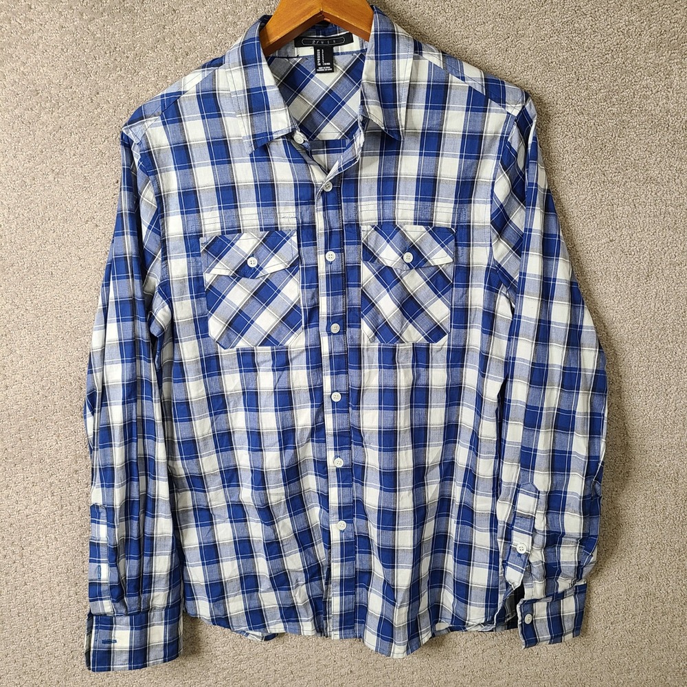 21 Men Shirt Mens S Blue Plaid Button Down‎ 100% Cotton Long Sleeve Casual
